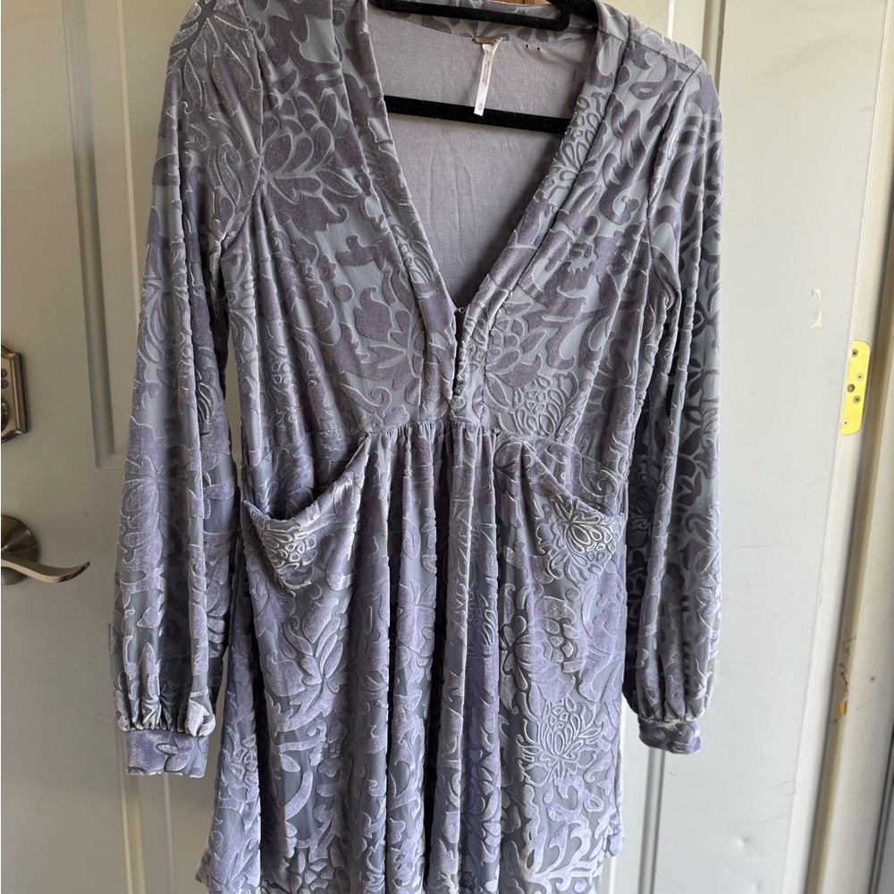 Free People Gray Long Sleeve Velvet Pattern Dress